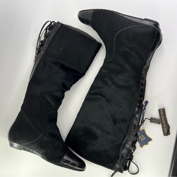Migliorini Shoes - NWT Migliorini Calf Hair Boots Reptile Pattern Lace Up Back  7.5 Black Real Fur